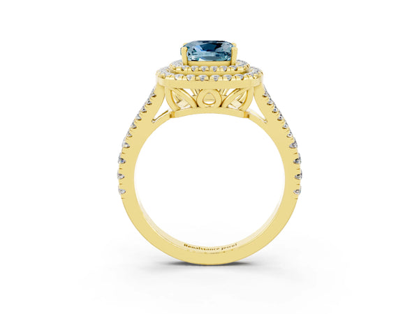 Yellow gold Cushion Cut Aquamarine Double Halo Ring with Pavé Band and Prong Setting
