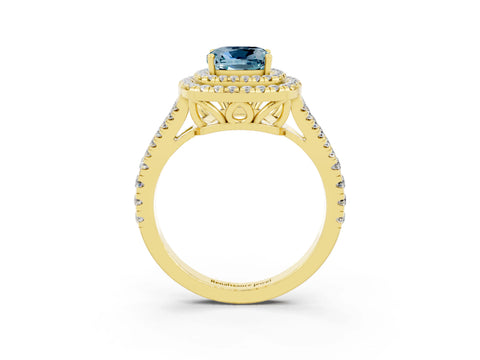 Yellow gold Cushion Cut Aquamarine Double Halo Ring with Pavé Band and Prong Setting_15