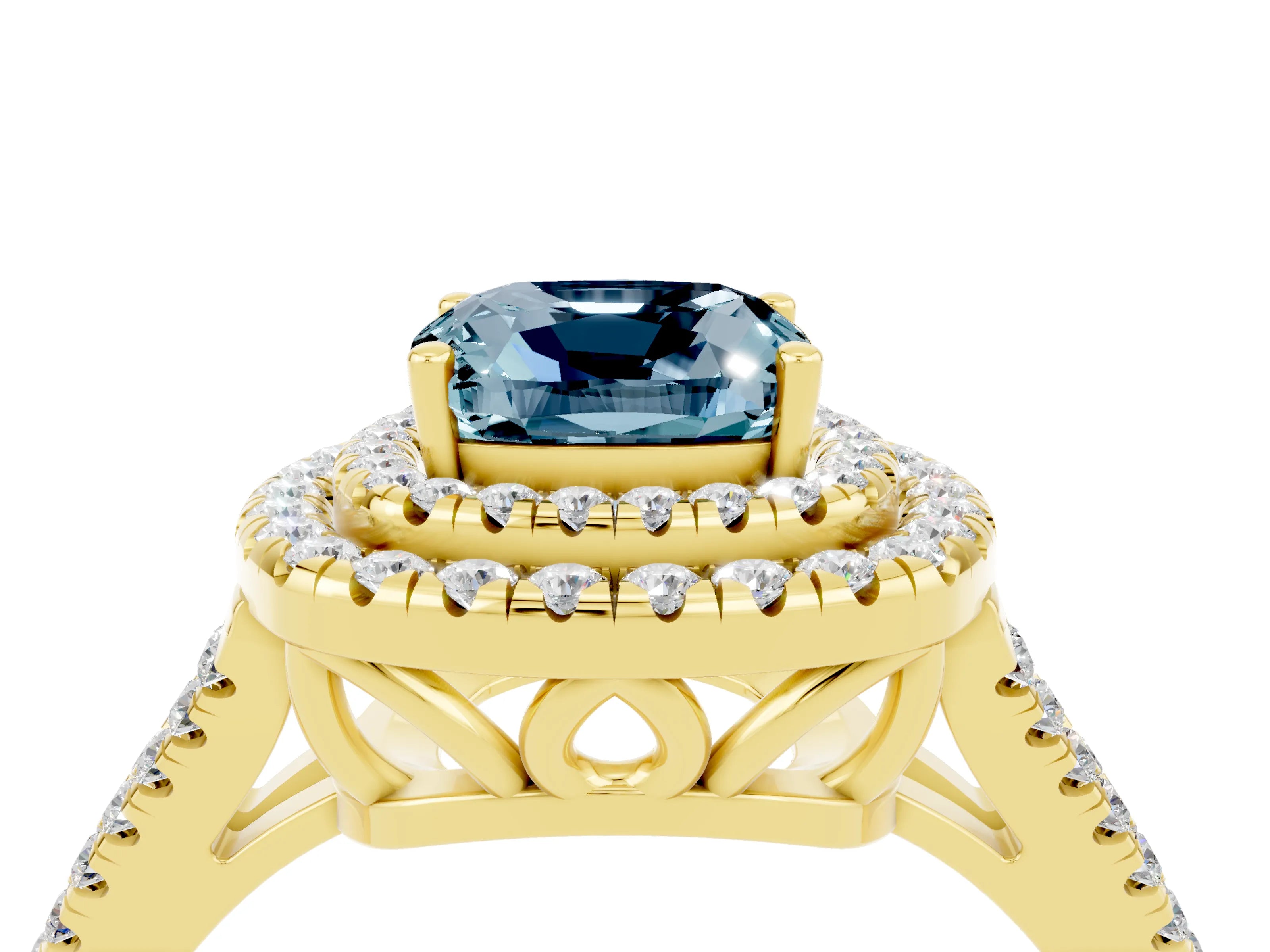Yellow gold Cushion Cut Aquamarine Double Halo Ring with Pavé Band and Prong Setting_16