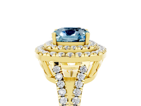 Yellow gold Cushion Cut Aquamarine Double Halo Ring with Pavé Band and Prong Setting_17