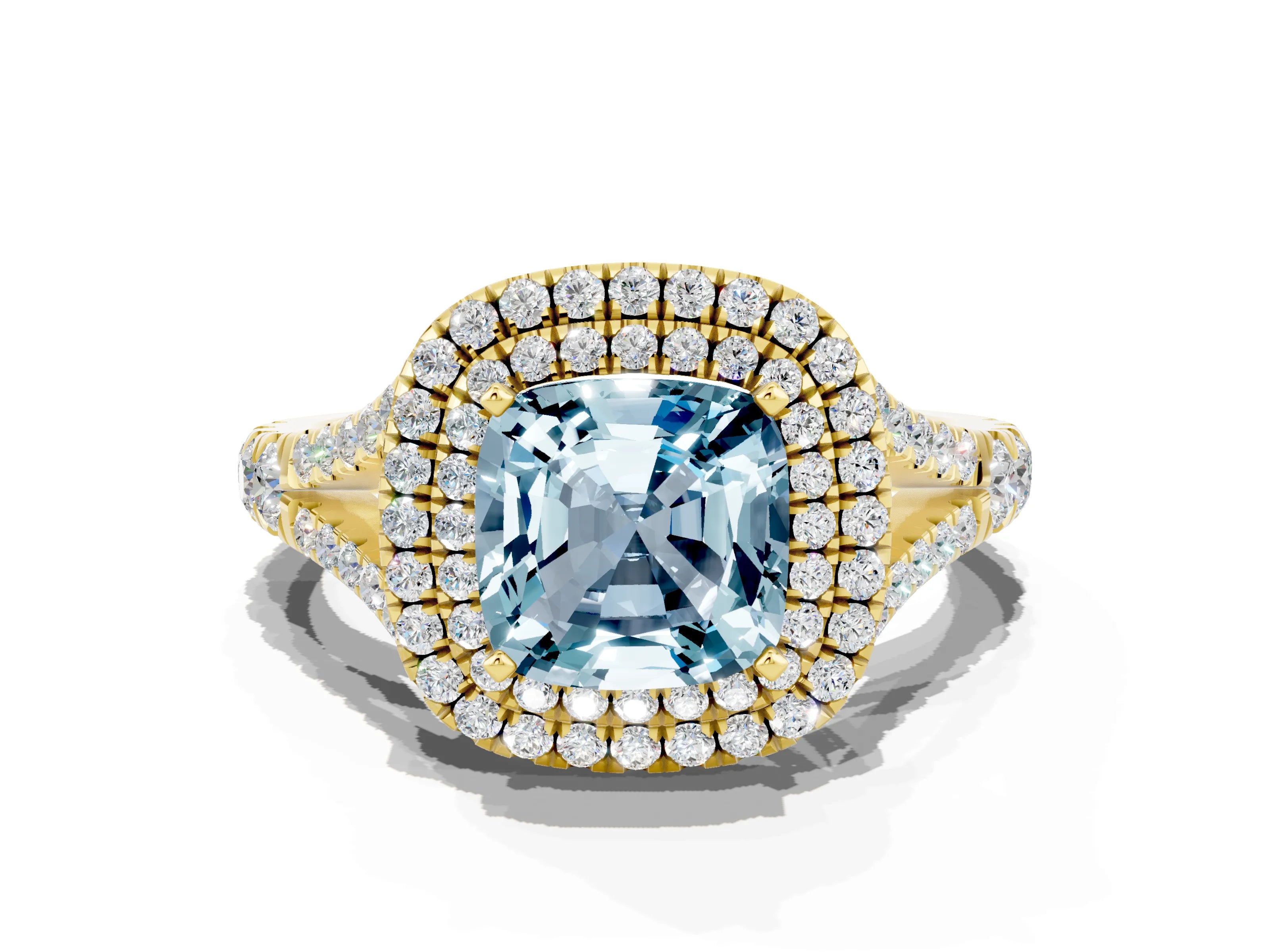 Yellow gold Cushion Cut Aquamarine Double Halo Ring with Split Shank and Prong Setting_12