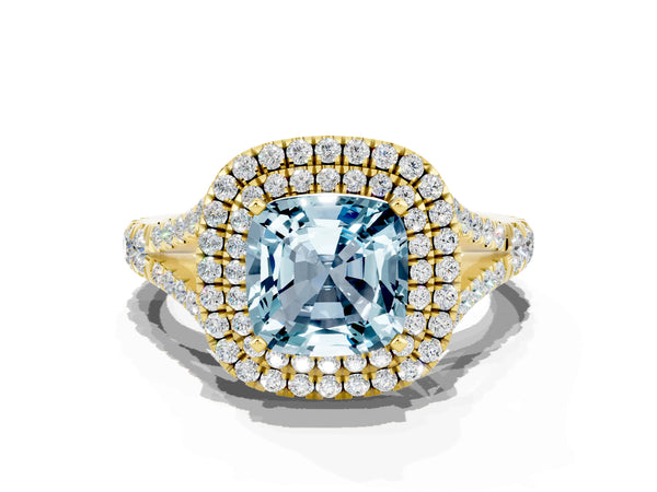 Yellow gold Cushion Cut Aquamarine Double Halo Ring with Split Shank and Prong Setting
