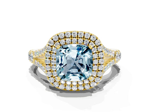 Yellow gold Cushion Cut Aquamarine Double Halo Ring with Split Shank and Prong Setting_12