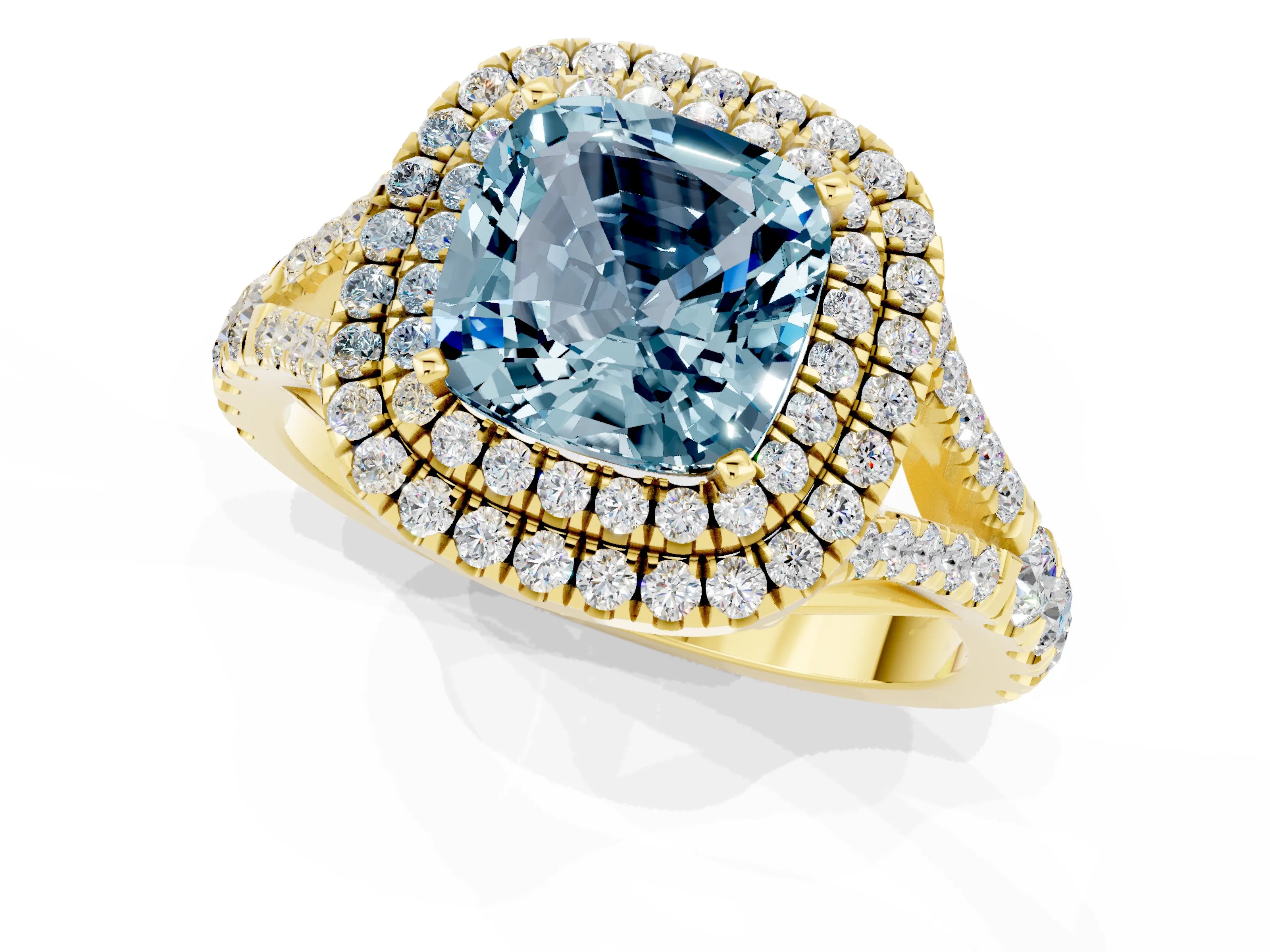 Yellow gold Cushion Cut Aquamarine Double Halo Ring with Split Shank and Prong Setting_13