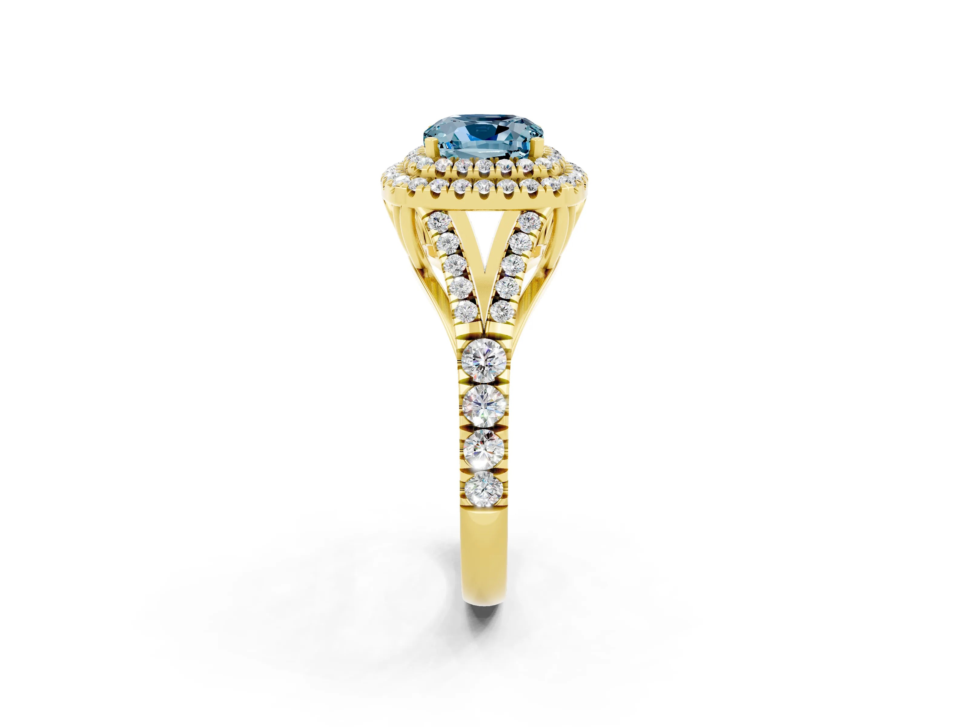 Yellow gold Cushion Cut Aquamarine Double Halo Ring with Split Shank and Prong Setting_14