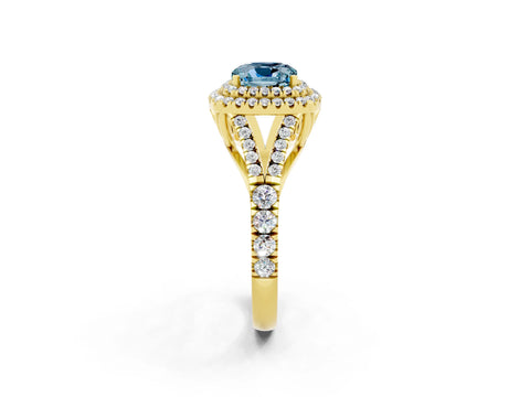 Yellow gold Cushion Cut Aquamarine Double Halo Ring with Split Shank and Prong Setting_14