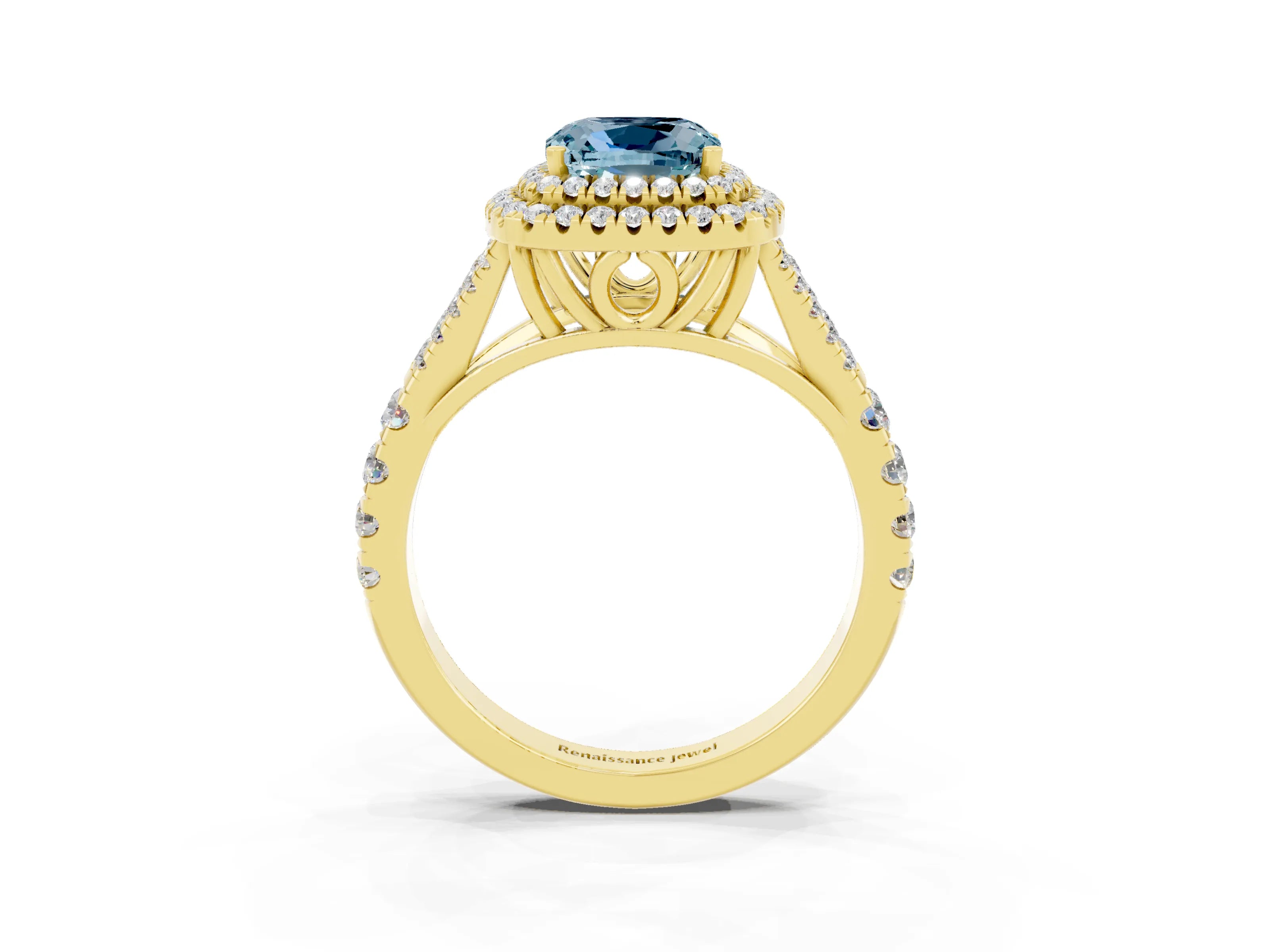 Yellow gold Cushion Cut Aquamarine Double Halo Ring with Split Shank and Prong Setting_15