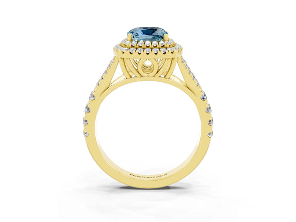 Yellow gold Cushion Cut Aquamarine Double Halo Ring with Split Shank and Prong Setting