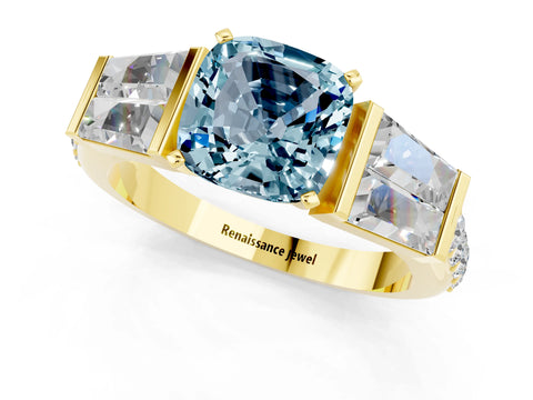 Yellow gold Cushion Cut Aquamarine Engagement Ring with Baguette Side Stones and Channel Set Band_1