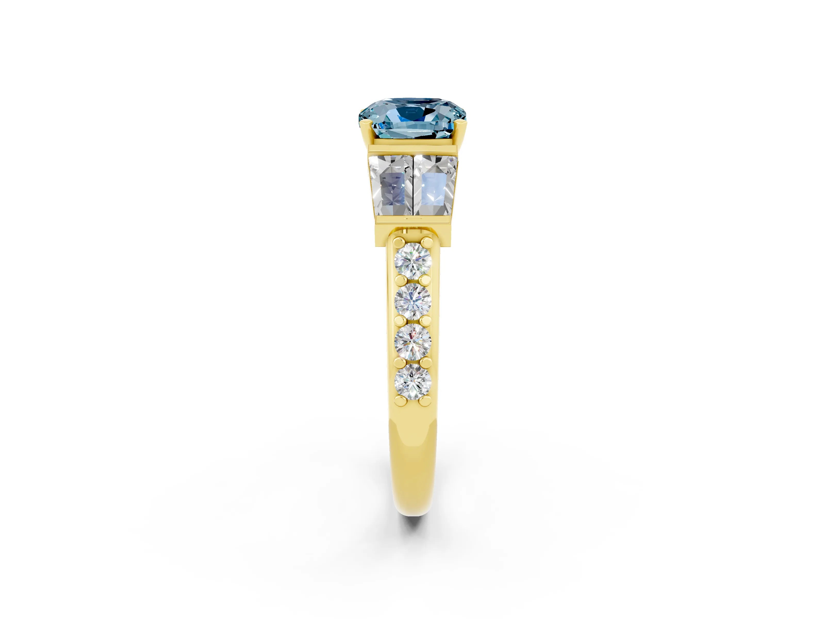 Yellow gold Cushion Cut Aquamarine Engagement Ring with Baguette Side Stones and Channel Set Band_2