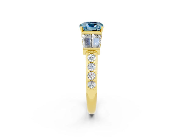 Yellow gold Cushion Cut Aquamarine Engagement Ring with Baguette Side Stones and Channel Set Band