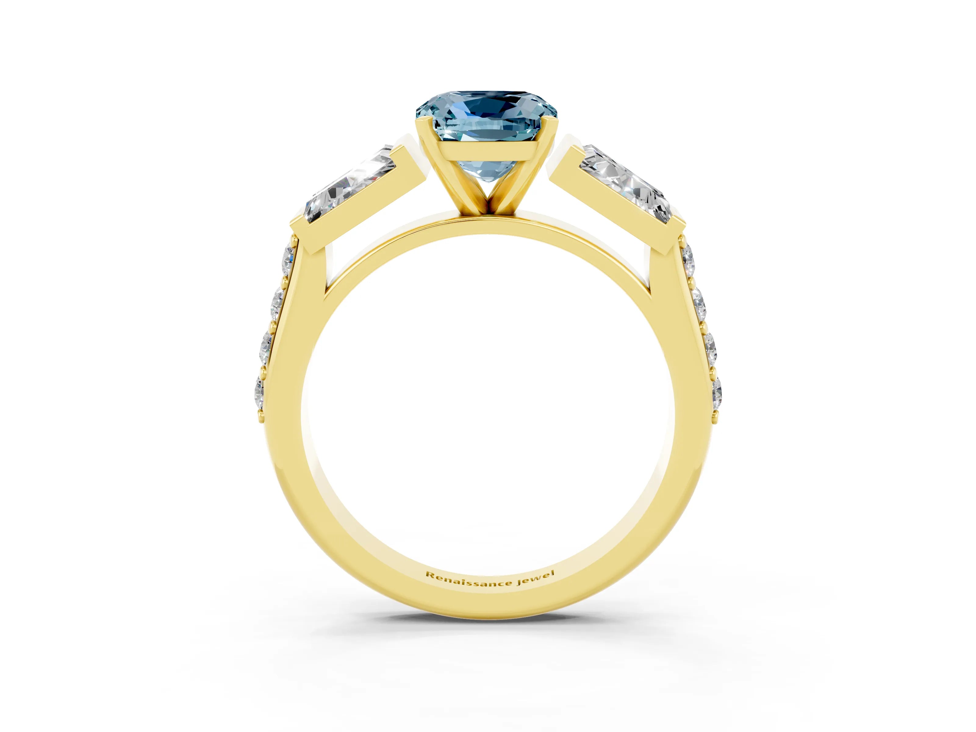 Yellow gold Cushion Cut Aquamarine Engagement Ring with Baguette Side Stones and Channel Set Band_3