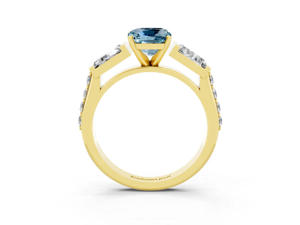 Yellow gold Cushion Cut Aquamarine Engagement Ring with Baguette Side Stones and Channel Set Band