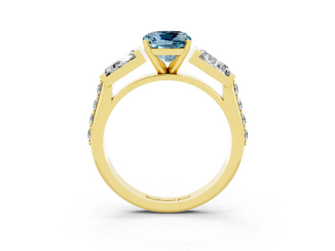 Yellow gold Cushion Cut Aquamarine Engagement Ring with Baguette Side Stones and Channel Set Band_3