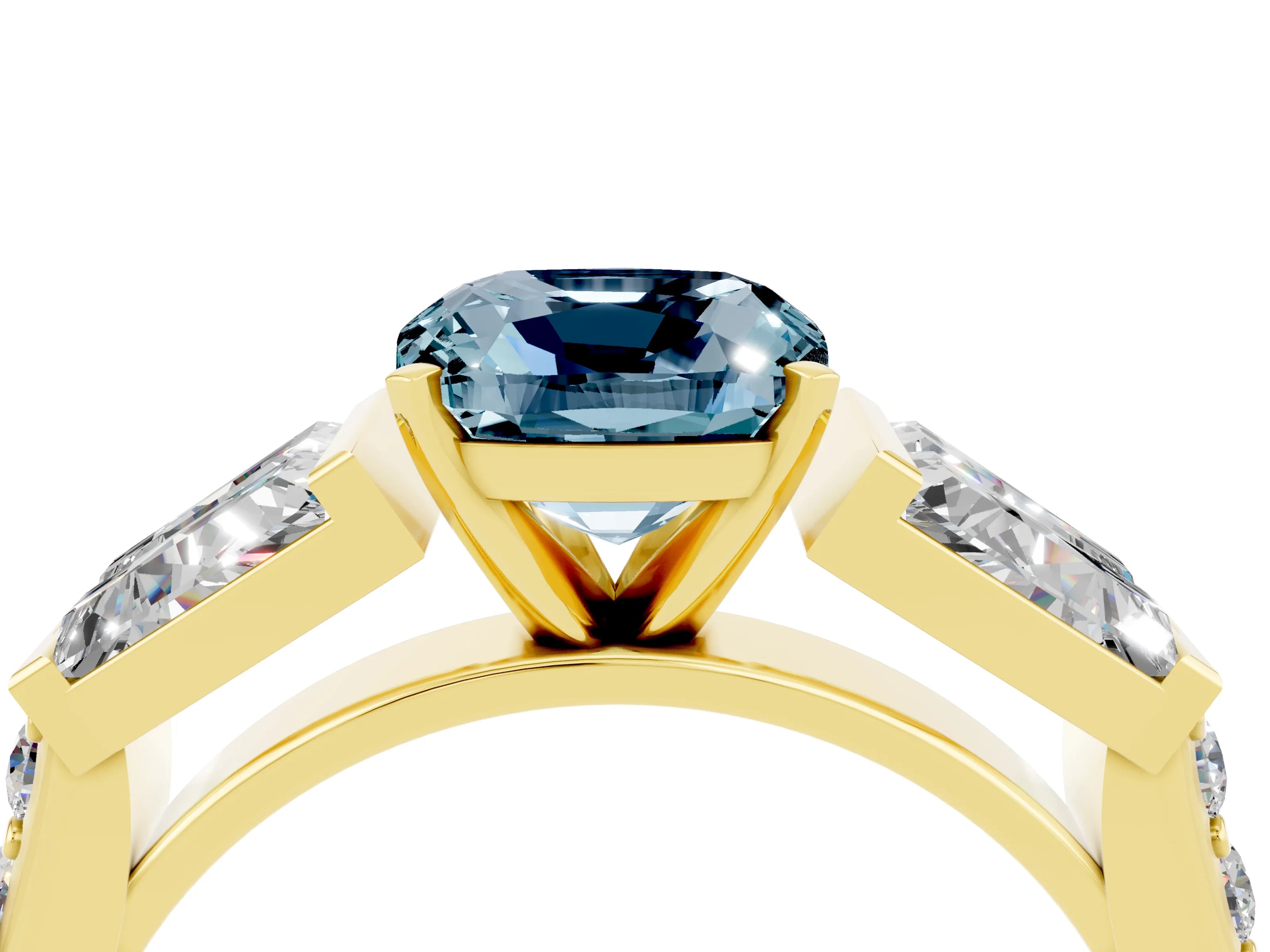 Yellow gold Cushion Cut Aquamarine Engagement Ring with Baguette Side Stones and Channel Set Band_4