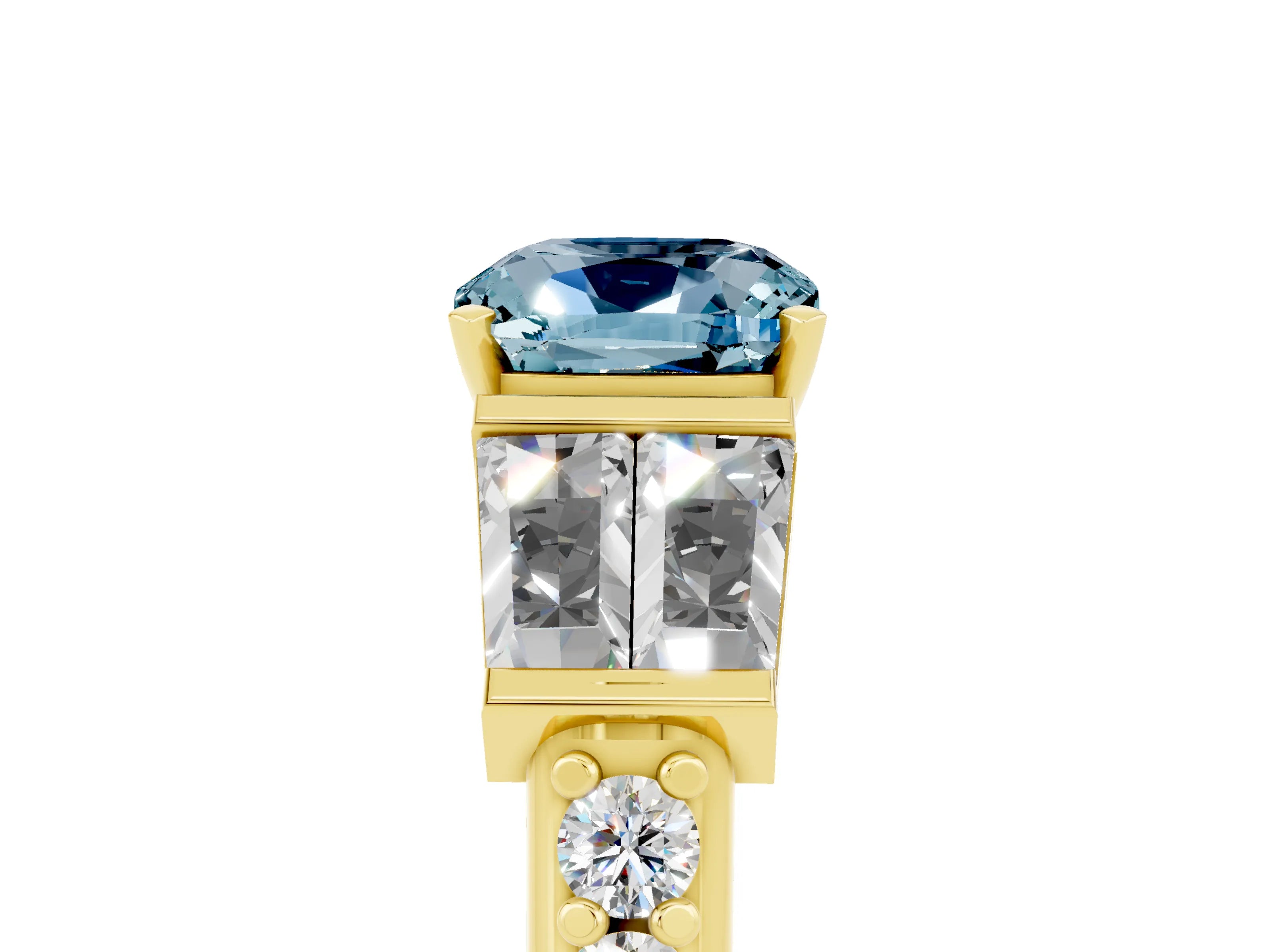 Yellow gold Cushion Cut Aquamarine Engagement Ring with Baguette Side Stones and Channel Set Band_5