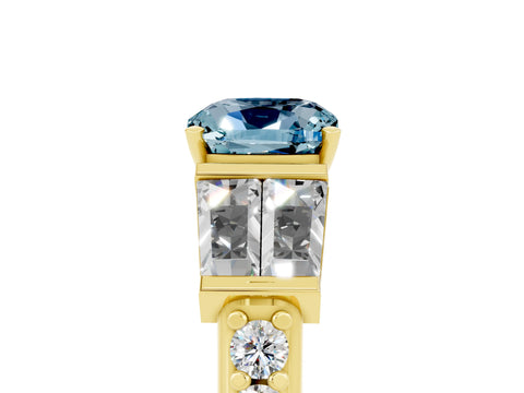 Yellow gold Cushion Cut Aquamarine Engagement Ring with Baguette Side Stones and Channel Set Band_5