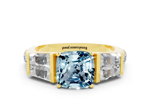 Yellow gold Cushion Cut Aquamarine Engagement Ring with Baguette Side Stones and Channel Set Band