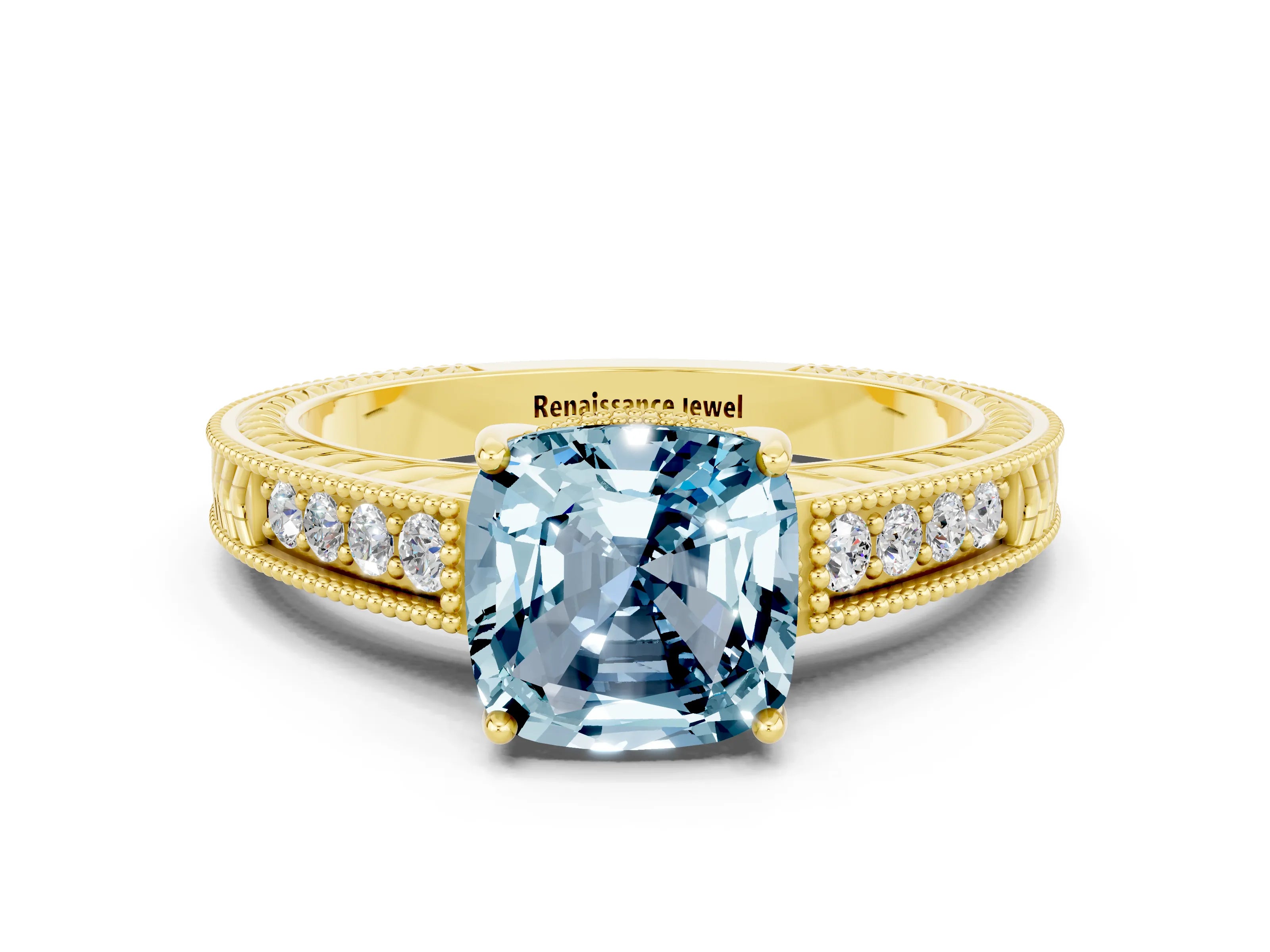 Yellow gold Cushion Cut Aquamarine Engagement Ring with Milgrain Channel Set Band and Prong Setting