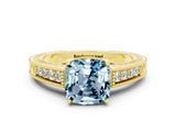 Yellow gold Cushion Cut Aquamarine Engagement Ring with Milgrain Channel Set Band and Prong Setting