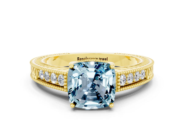 Yellow gold Cushion Cut Aquamarine Engagement Ring with Milgrain Channel Set Band and Prong Setting