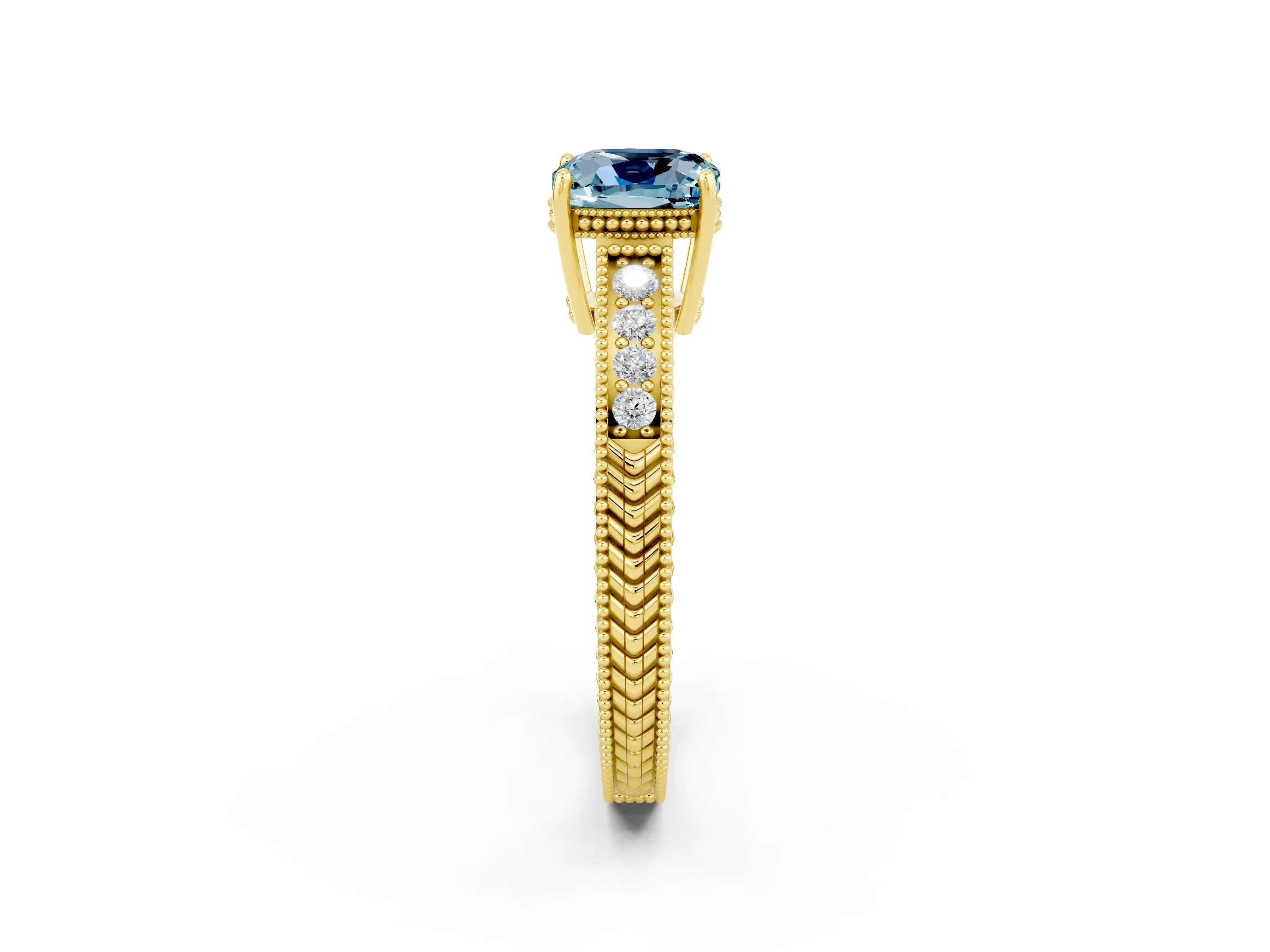 Yellow gold Cushion Cut Aquamarine Engagement Ring with Milgrain Channel Set Band and Prong Setting_2