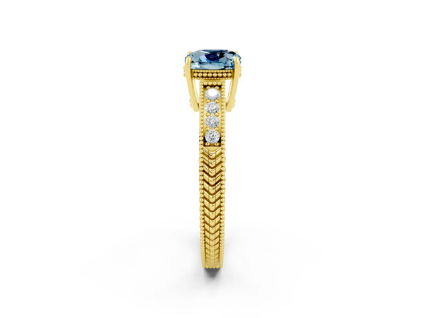 Yellow gold Cushion Cut Aquamarine Engagement Ring with Milgrain Channel Set Band and Prong Setting