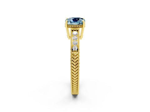 Yellow gold Cushion Cut Aquamarine Engagement Ring with Milgrain Channel Set Band and Prong Setting_2