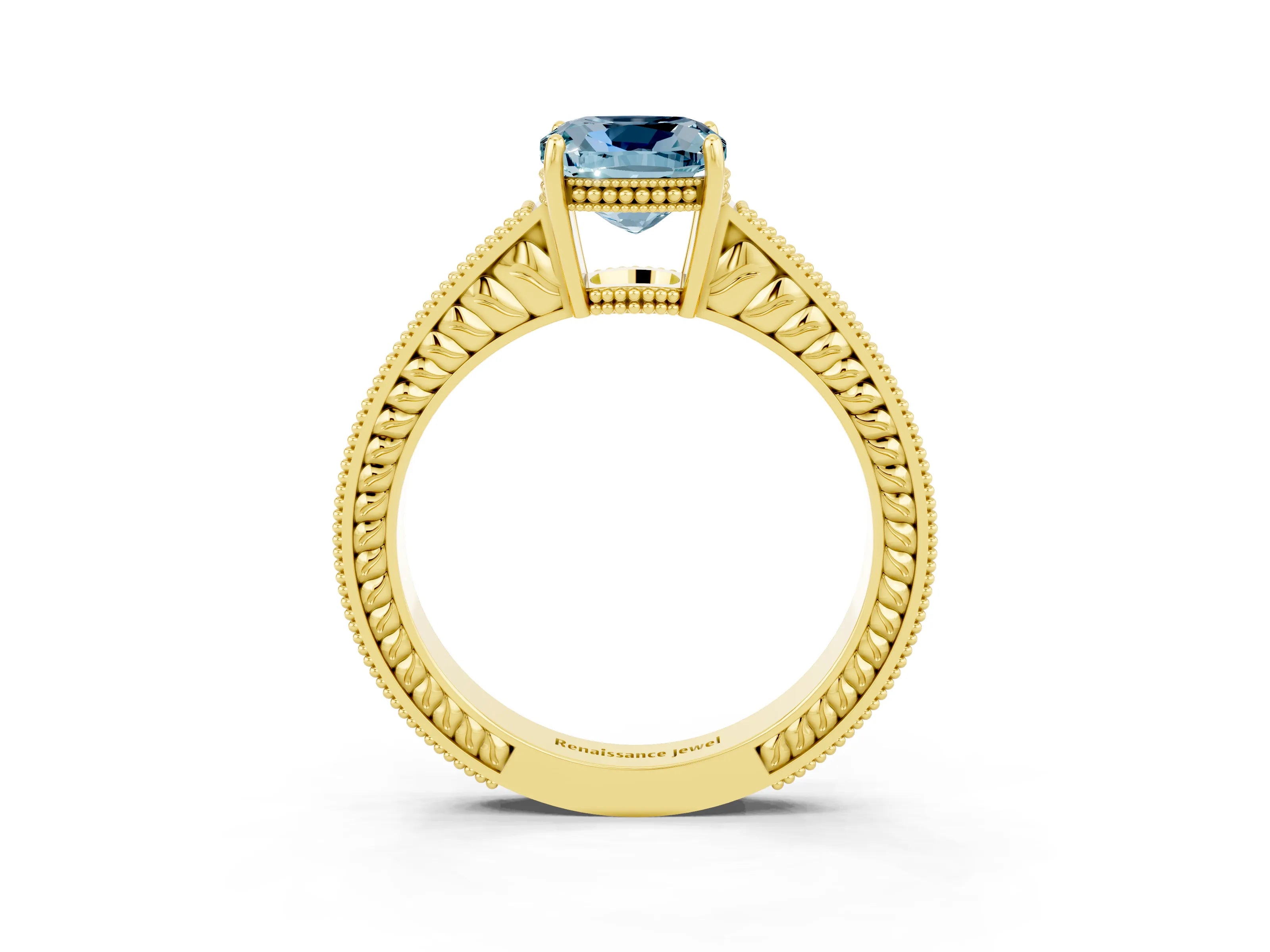 Yellow gold Cushion Cut Aquamarine Engagement Ring with Milgrain Channel Set Band and Prong Setting_3