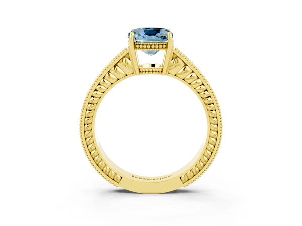 Yellow gold Cushion Cut Aquamarine Engagement Ring with Milgrain Channel Set Band and Prong Setting