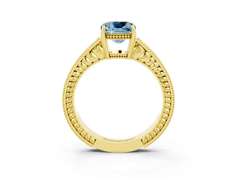 Yellow gold Cushion Cut Aquamarine Engagement Ring with Milgrain Channel Set Band and Prong Setting_3