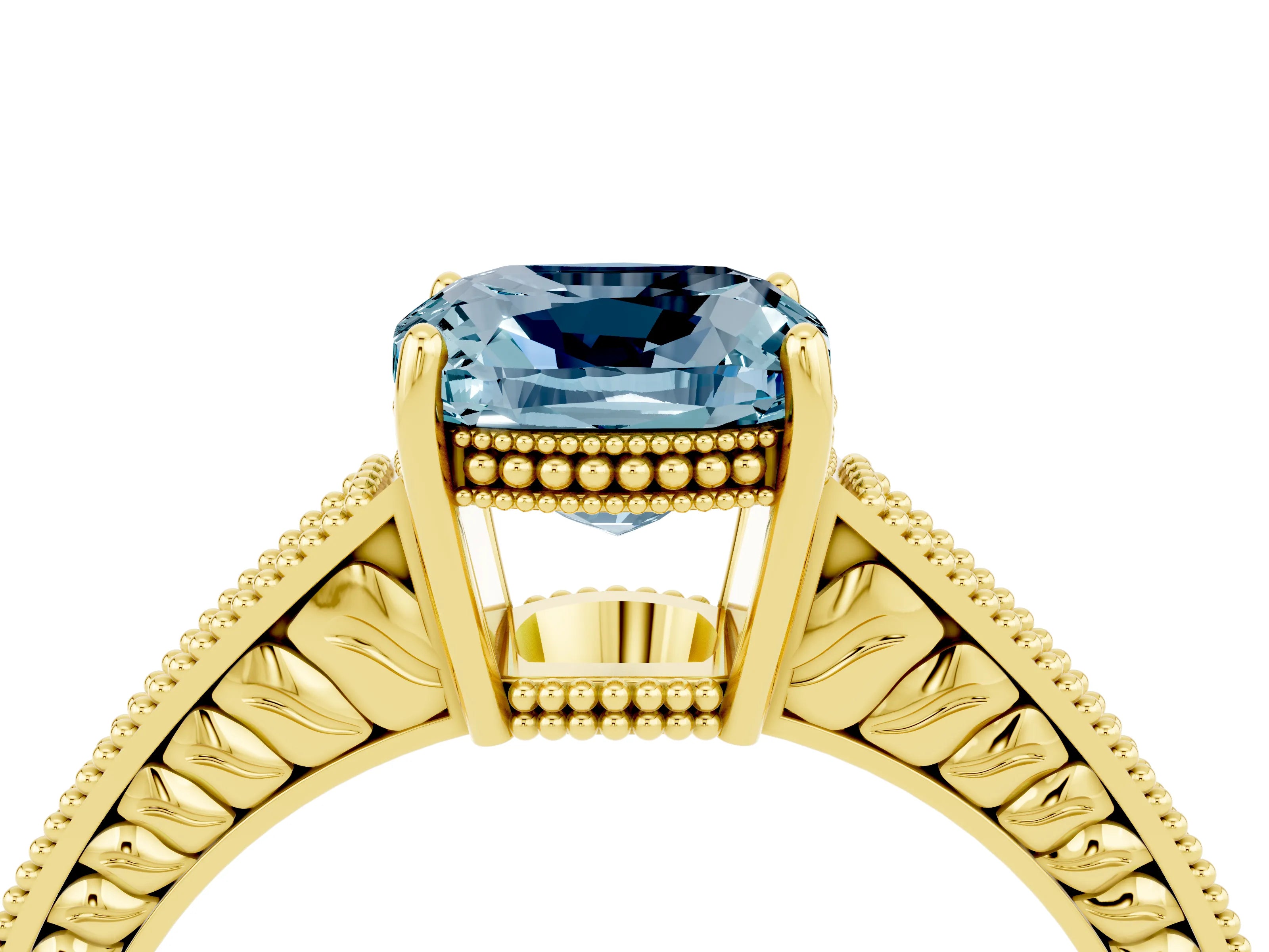 Yellow gold Cushion Cut Aquamarine Engagement Ring with Milgrain Channel Set Band and Prong Setting_4