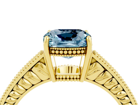 Yellow gold Cushion Cut Aquamarine Engagement Ring with Milgrain Channel Set Band and Prong Setting_4