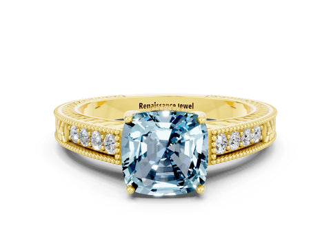 Yellow gold Cushion Cut Aquamarine Engagement Ring with Milgrain Channel Set Band and Prong Setting
