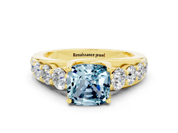 Yellow gold Cushion Cut Aquamarine Engagement Ring with Pavé Band and Four-Prong Setting