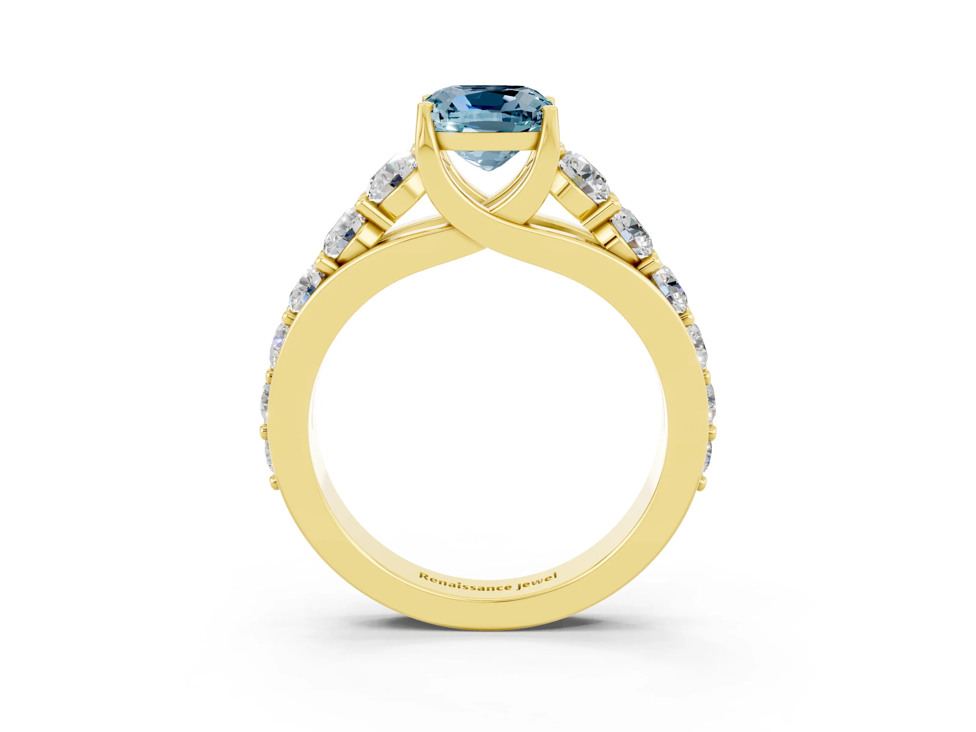 Yellow gold Cushion Cut Aquamarine Engagement Ring with Pavé Band and Four-Prong Setting_3