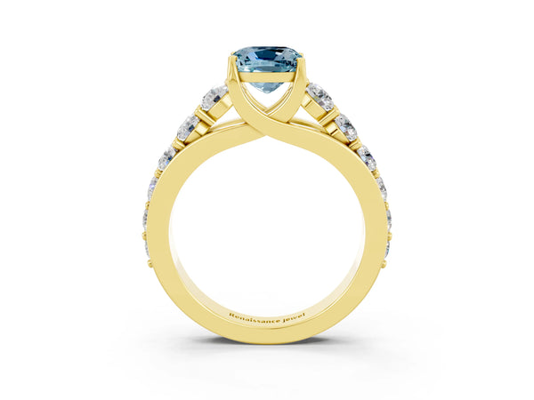 Yellow gold Cushion Cut Aquamarine Engagement Ring with Pavé Band and Four-Prong Setting
