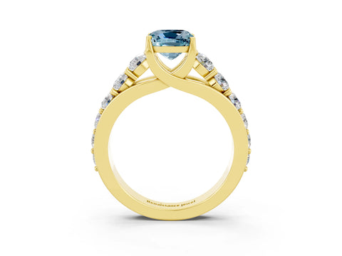Yellow gold Cushion Cut Aquamarine Engagement Ring with Pavé Band and Four-Prong Setting_3