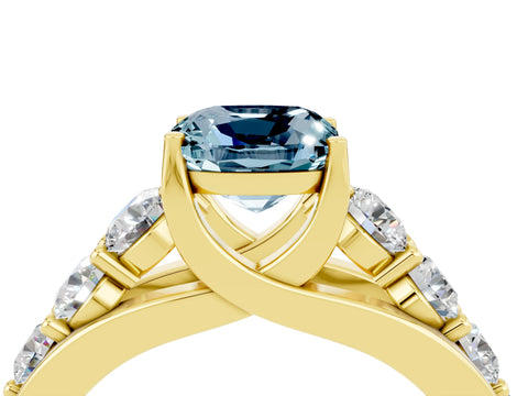 Yellow gold Cushion Cut Aquamarine Engagement Ring with Pavé Band and Four-Prong Setting_4