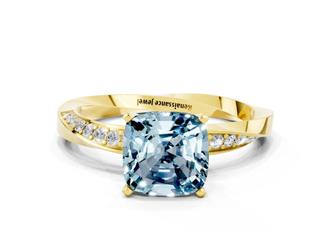 Yellow gold Cushion Cut Aquamarine Engagement Ring with Side Stone Accents and Four-Prong Setting_49