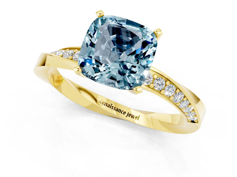 Yellow gold Cushion Cut Aquamarine Engagement Ring with Side Stone Accents and Four-Prong Setting_50