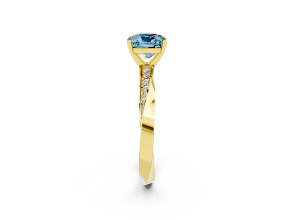 Yellow gold Cushion Cut Aquamarine Engagement Ring with Side Stone Accents and Four-Prong Setting