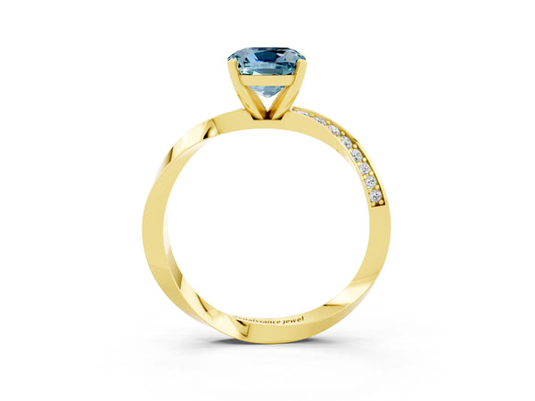 Yellow gold Cushion Cut Aquamarine Engagement Ring with Side Stone Accents and Four-Prong Setting