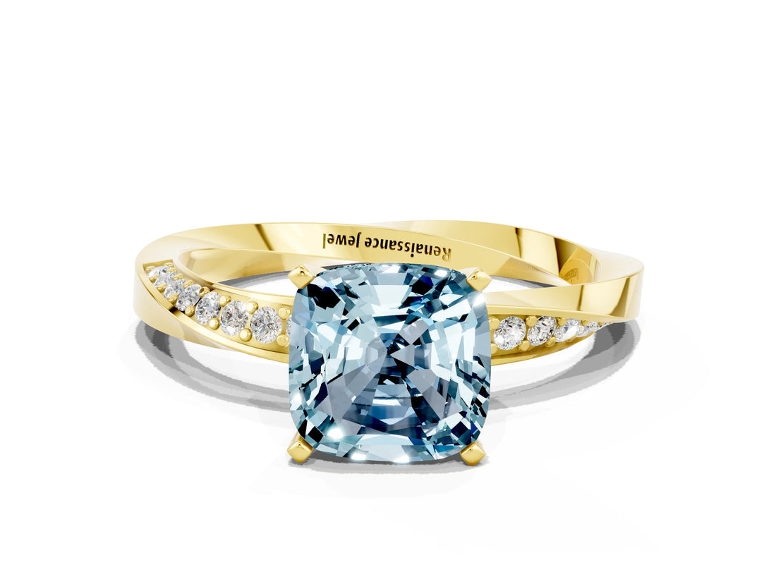 Yellow gold Cushion Cut Aquamarine Engagement Ring with Side Stone Accents and Four-Prong Setting_84