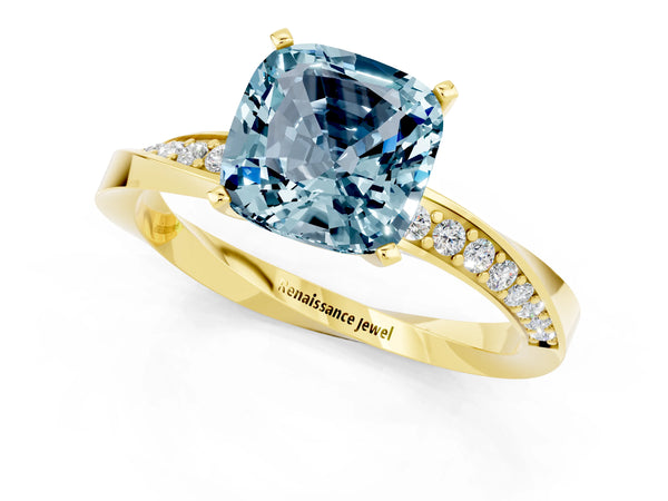 Yellow gold Cushion Cut Aquamarine Engagement Ring with Side Stone Accents and Four-Prong Setting