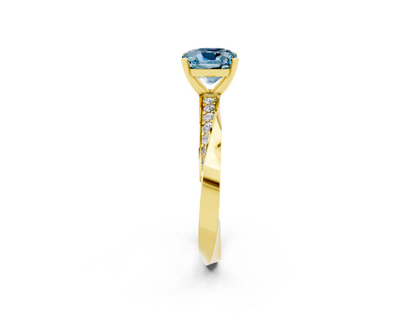 Yellow gold Cushion Cut Aquamarine Engagement Ring with Side Stone Accents and Four-Prong Setting