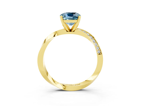Yellow gold Cushion Cut Aquamarine Engagement Ring with Side Stone Accents and Four-Prong Setting