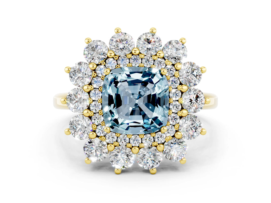 Yellow gold Cushion Cut Aquamarine Floral Double Halo Engagement Ring with Prong Setting_60