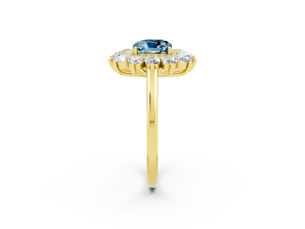 Yellow Gold Cushion Cut Aquamarine Floral Double Halo Engagement Ring with Plain Band