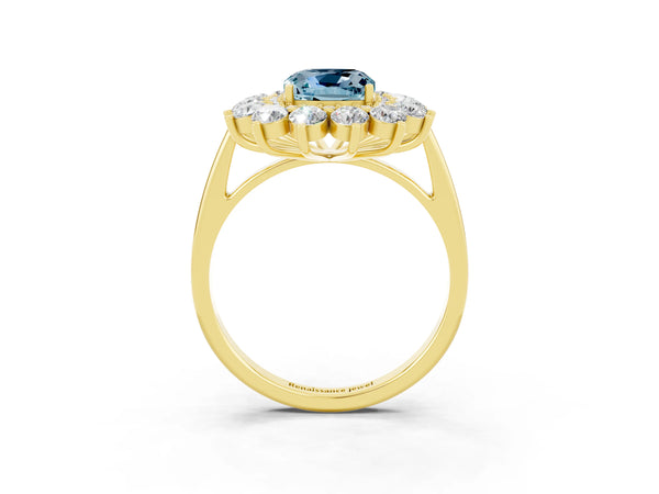 Yellow Gold Cushion Cut Aquamarine Floral Double Halo Engagement Ring with Plain Band